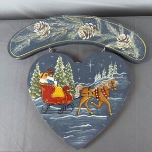 Hand Painted Heart Shaped Christmas Holiday Decor Sign Santa Sleigh Pinecones